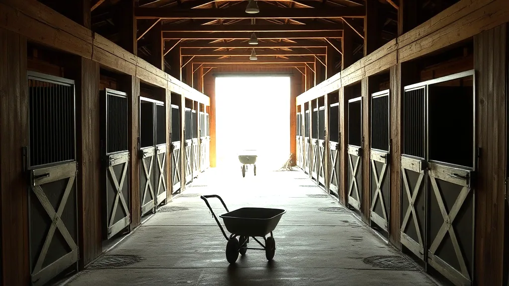 The centre aisle of a wooden horse barn seen from the open north door, stall fronts on both sides, a swept concrete floor and a wheelbarrow parked against the wall.