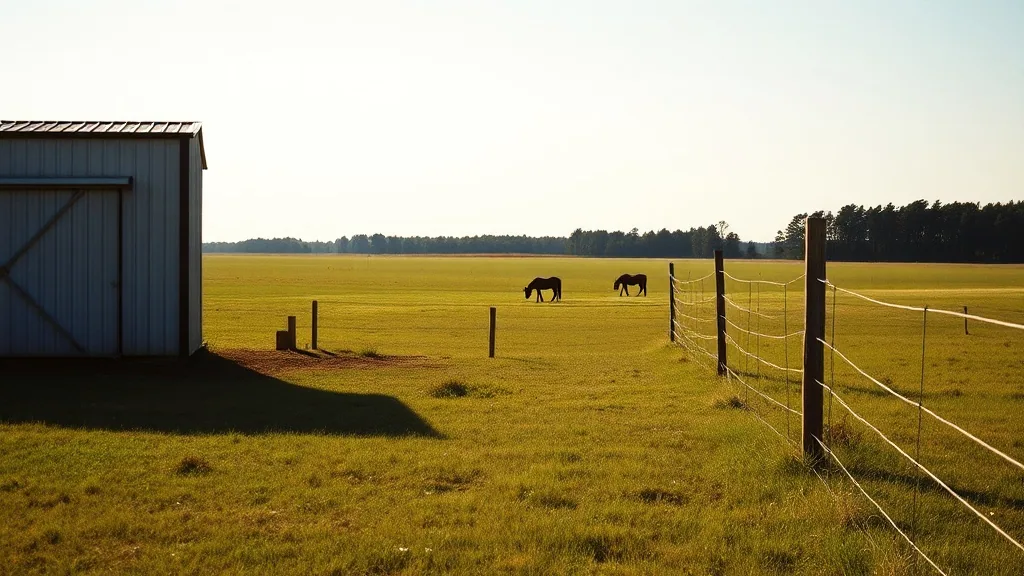 Two horses grazing far out in a summer pasture, a metal run-in shed at the left and a wire fence line running to the treeline.