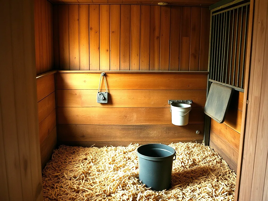 A horse stall with its sliding door open, deep pine shaving bedding, a water bucket and a hinged feed door in the wall.