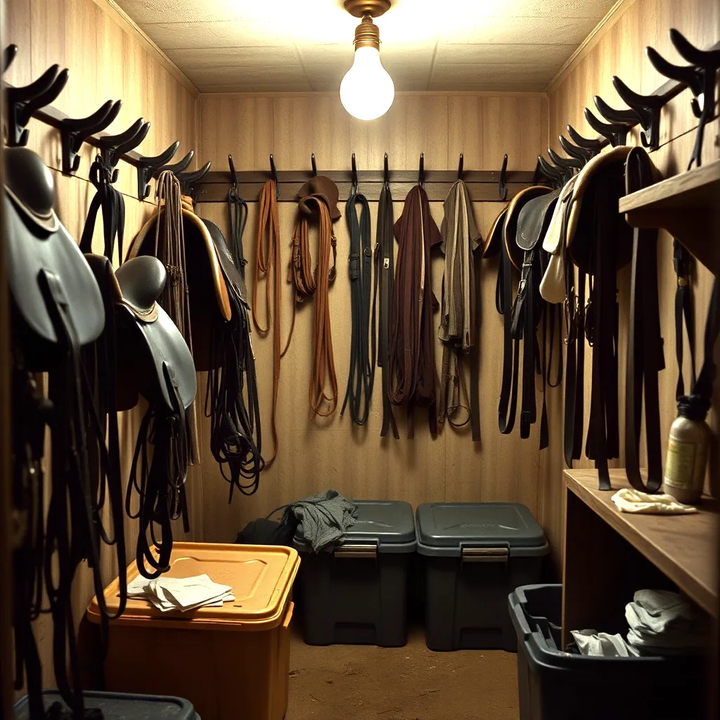 A tack room with saddles on wall racks, bridles hung on hooks and plastic tack trunks on the floor.