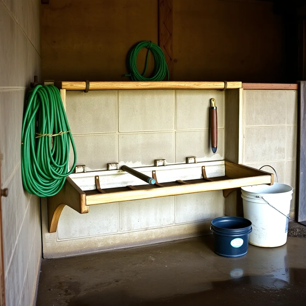 The wash rack end of the barn, a coiled hose on the wall and buckets on wet concrete.